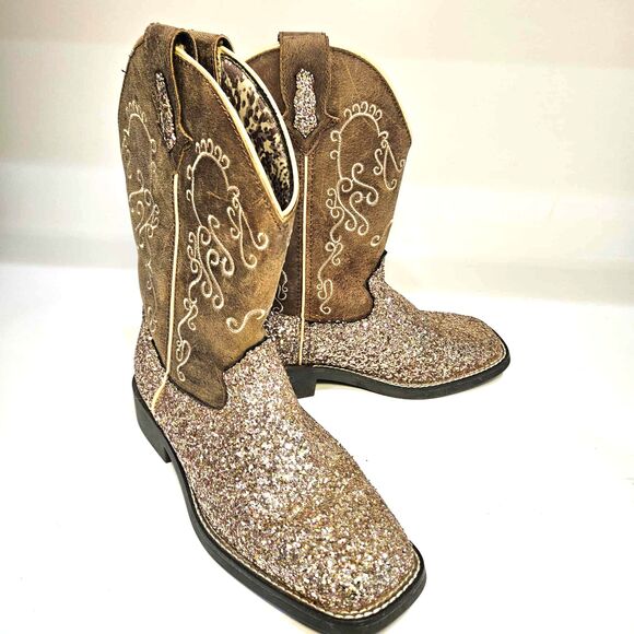 Shyanne Sparkle Plenty Square Toe Girls 4D Rose Gold Glitter Boot Mid Calf - Picture 1 of 13